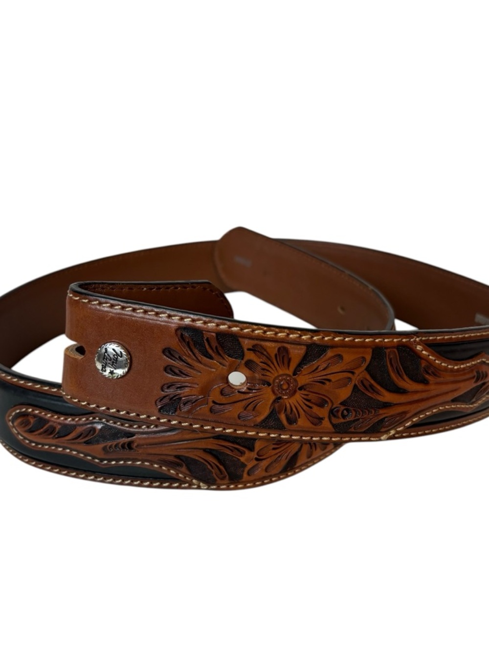 Tony Lama men's western belt leather floral tooled Size 34- No Buckle **Read**